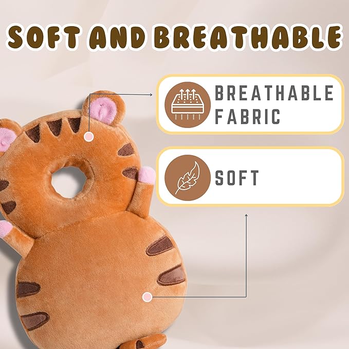 Baby Head Protector Backpack (9 to 24 Months) - Cute Head Guard Pillow with Knee Pads and Socks, Crawling and Walking Safety Set, Toddler Head Cushion Backpack, Brown Tiger