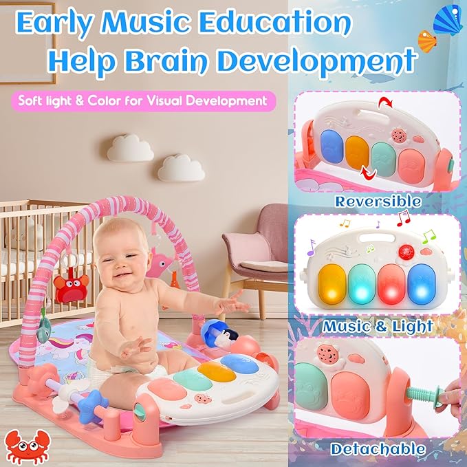 Baby Gyms Play Mats with Tummy Time Water Mat, Activity Mat Play Piano Gym with 5 Sensory Toys for Babies, Music and Lights Boy & Girl Gifts for Infant Newborn Babies 0-3 4-6 6-9 6-12 Months