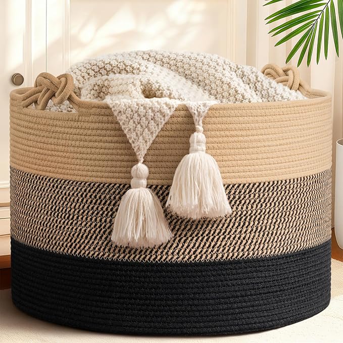 CherryNow 22"x22"x14" Large Blanket Basket, Home Décor for Living Room Bedroom, Decorative Wicker Woven Basket for Clothes, Toy Storage Basket for Kids, Camel Mix & Black