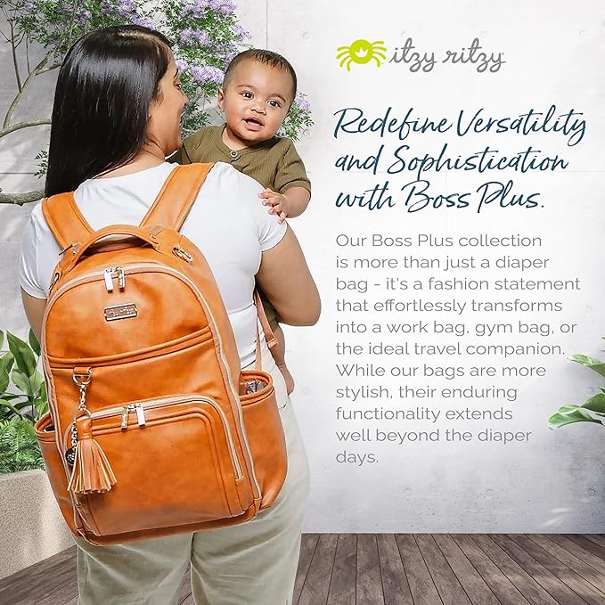 Itzy Ritzy Diaper Bag Backpack – Large Capacity Boss Plus Baby Backpack Diaper Bag Featuring 19 Pockets, Changing Pad, Stroller Clips, and Comfortable Straps (Cognac)