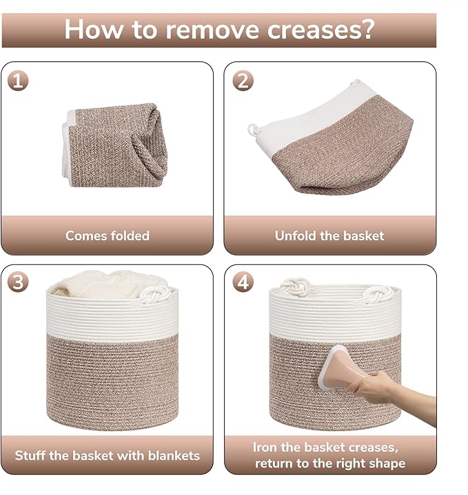 Goodpick Woven Laundry Basket, 15 x 14.2 Inches Cotton Rope Basket for Blankets, Soft Blanket Storage Baskets with Handles for Living Room, Woven Toy Storage Organizer for Nursery, Brown