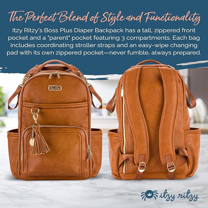 Itzy Ritzy Diaper Bag Backpack – Large Capacity Boss Plus Baby Backpack Diaper Bag Featuring 19 Pockets, Changing Pad, Stroller Clips, and Comfortable Straps (Cognac)