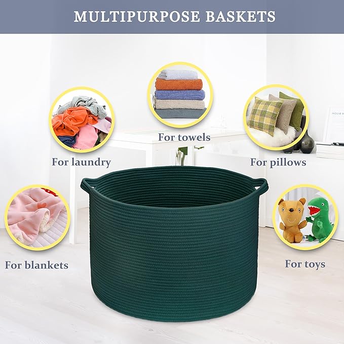 Extra Large Blanket Basket 87L, Laundry Hamper, Baby Nursery Hamper for Storage Toys Clothes Towels, Large Cotton Rope Laundry Basket for Girls Boys, 22”x 14”, Dark Green