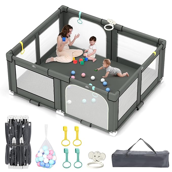 Tolead Foldable Playpen for Babies and Toddlers, 72" x 59" Extra Large Collapsible Play Pen with Basket, 4 Handlers & 50 Ocean Balls, Portable Travel Play Yard with Carry Bag, No Installation, Grey