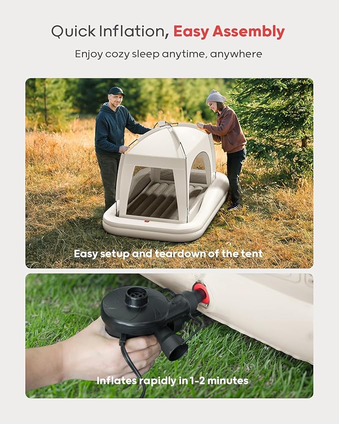 QPAU Inflatable Toddler Travel Bed with Tent, Baby Crib Tent, Portable Kids Air Mattress with Safety Bumpers, Ideal for Home, Grandma's, Camping, Traveling -Includes Fast Electric Pump (Khaki)