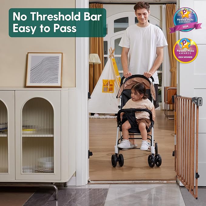 Babelio Baby Gate for Stairs, Kitchen & Doorways, 26-41" W 28" H No Bottom Bar| Easy Installation| One-Handed Operation| Auto-Close| Hardware Mount Safety Dog/Pet Gate Indoor (Brown Wood Pattern)