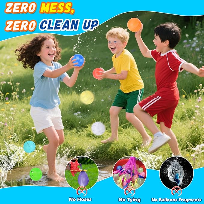 Reusable Water Balloons, 12 Pcs Self-Sealing Quick Fill Silicone Water Bombs, One-Hand Easy Fill Refillable Summer Pool Toys for Kids & Adults, Durable Splash Balls for Water Fight Games