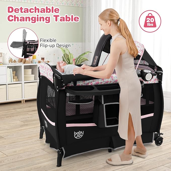 BABY JOY 4 in 1 Pack and Play, Portable Baby Playard with Bassinet & Flip-Away Changing Table, Canopy, Infant Bassinet with Storage Basket, Oxford Bag from Newborn to Toddlers (Pink Flower)