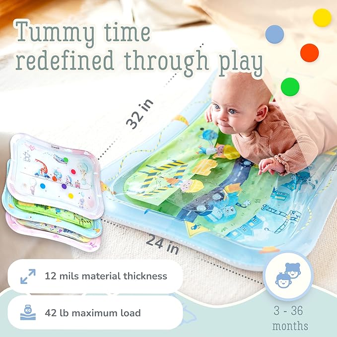 Tummy Time Water Mat for Babies – XXL Sensory Baby Water Play Mat – Award-Winning Infant Activity Mat for Motor Development – Premium, Baby-Safe Water Tummy Time Mat – Construction Site