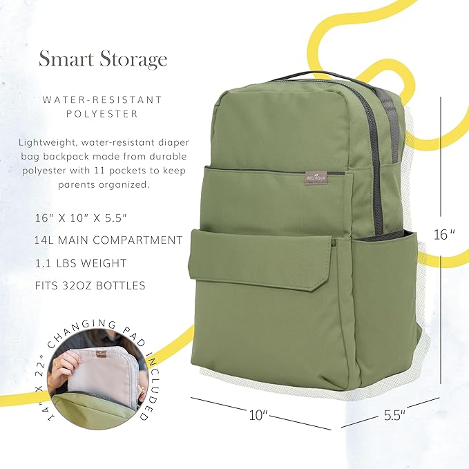 RED ROVR Roo Lightweight 1 LB Diaper Bag Backpack | 11 organizational pockets| Durable & Water-Resistant (Moss)