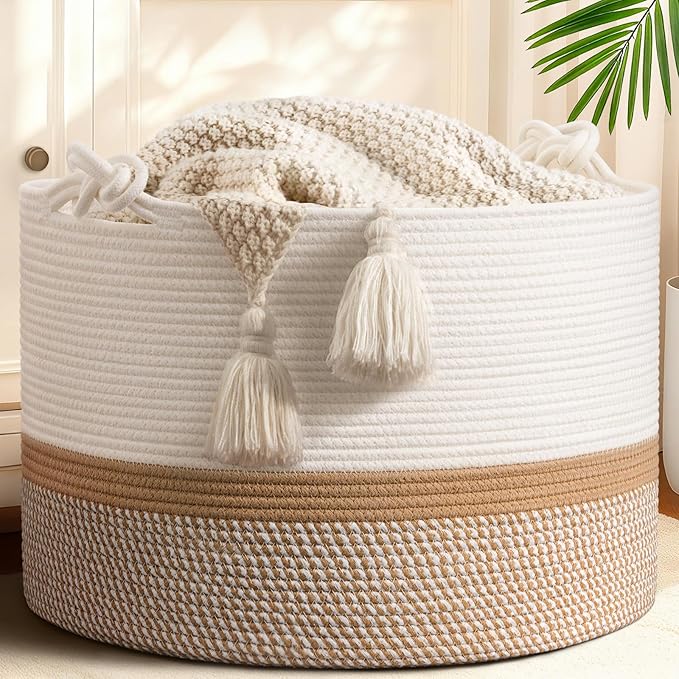 CherryNow 22"x22"x14" Large Blanket Basket, Home Décor for Living Room Bedroom, Cotton Rope Laundry Basket for Clothes Pillows, Baby Fall Decorations for Home Toy Storage, White & Camel