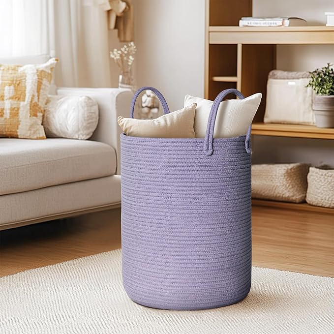Purple Woven Laundry Basket, 15"x18" Large Cotton Rope Storage Basket for Blankets Pillows Toys, Decorative Baby Nursery Clothes Hamper for Living Room Bedroom, Kids Tall Luandry Hamper