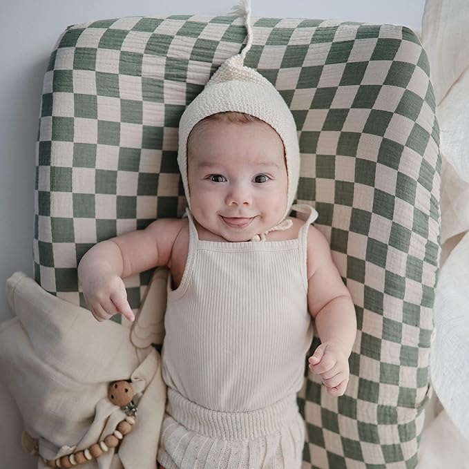 mushie Extra Soft Muslin Fitted Changing Pad Cover (Olive Check)