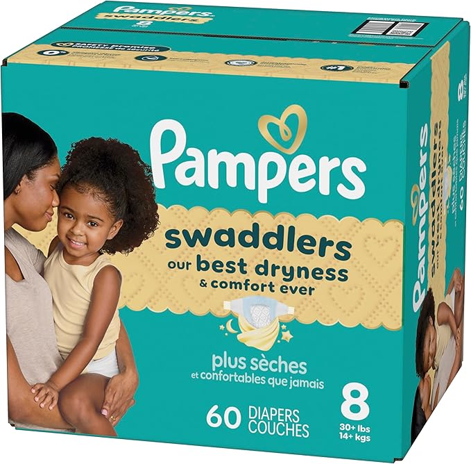 Pampers Swaddlers Diapers, Size 8 (30+ lbs), 60 Count, Absorbent, Keeps Baby Dry and Comfortable, Skin Safe Disposable Baby Diaper (Packaging May Vary)