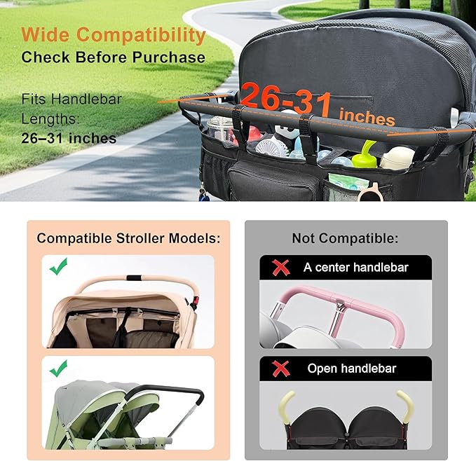 Double Stroller Organizer for Bob Duallie and Baby Jogger City Mini GT2, Double Jogging Stroller Caddy with 2 Insulated Cooler Pockets & Detachable Bag
