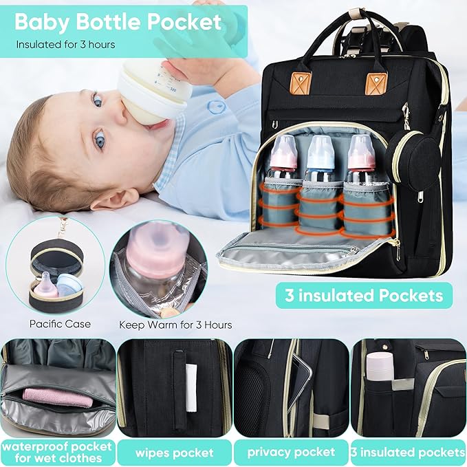 Diaper Bag Backpack for Mom and Dad, Large Capacity Baby Travel Bag with USB Charging Port, Waterproof Foldable Baby Bag for Boys and Girls, Stylish Maternity Backpack for Travel & Hospital,Black