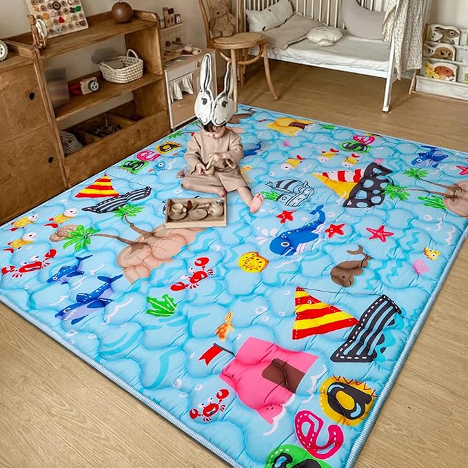 Ocean Baby Gyms Playmats for Playpen 71"×59" Marine Animals Play Mat for Playpen Playyards Thicken Soft Padding Foam Playmats for Babies Toddlers Infants Baby Crawling Mat Pad Tummy Time