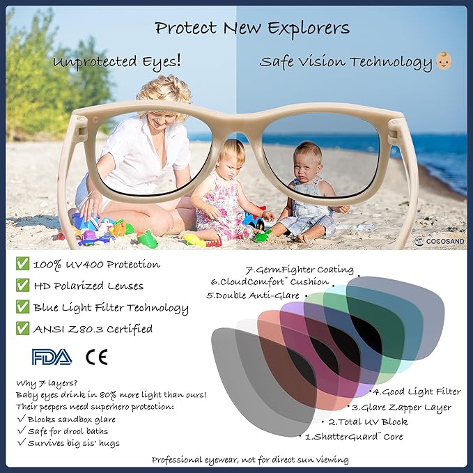 COCOSAND Flexible Polarized Baby Sunglasses with Strap UV Protection for Toddler Infant Girl Boy Age 0-24 Months