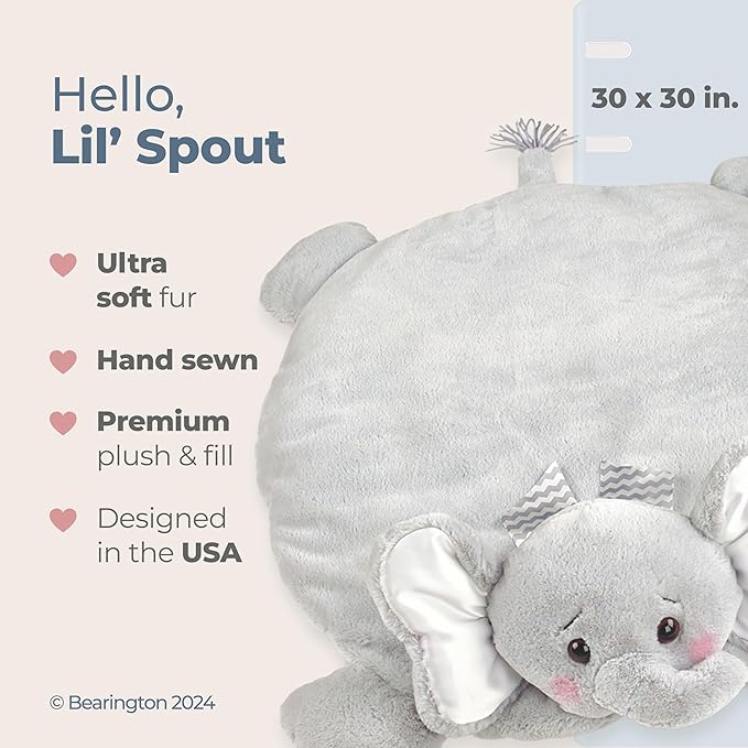 Bearington Baby Lil’ Spout Tummy Time Mat, 30 x 30 Inch Elephant Plush Stuffed Animal Blanket, Baby Elephant Nursery Décor - Tummy Time Blanket
