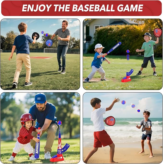 3-in-1 Kids T-Ball Set for Toddlers 3-5 with Fixed Tee Ball Stand, Baseball Launcher, Toss and Catch Ball Game - Outdoor Sports Toy Gift for Boys and Girls