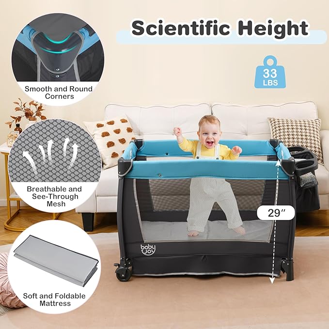 BABY JOY 5 in 1 Pack and Play, Portable Nursery Center Baby Playard w/Bassinet & Diaper Changing Table, Infant Bassinet Activity Center with Toys, Music, Oxford Bag for Toddlers (Royal Blue, Classic)