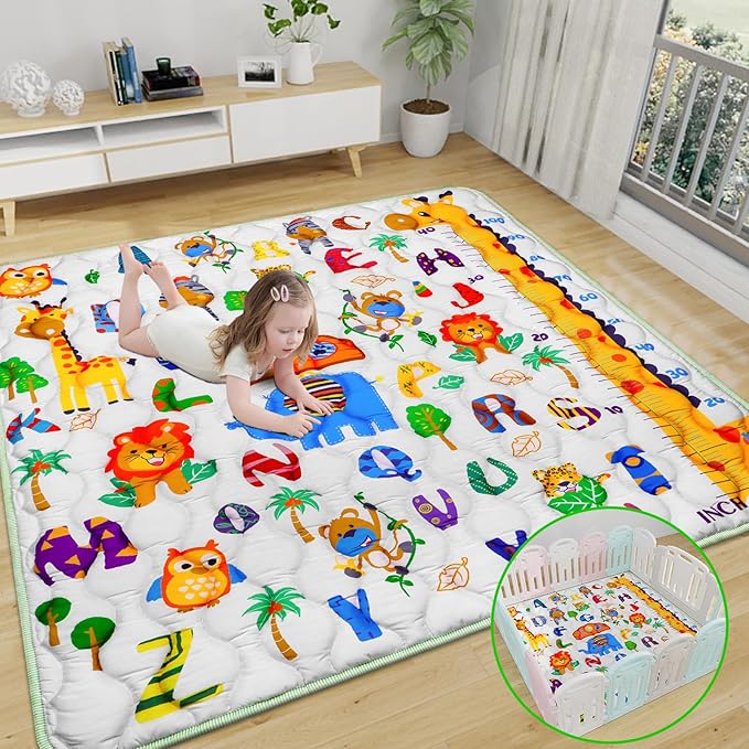 Baby Gyms Playmats for Playpen, 50"×50" Safari Zoo Alphabet Play Mat Waterproof ABC Learning Mat Jungle Themed Nursery Floor Playyards Thicken Soft Polyester Padding for Toddlers Infants