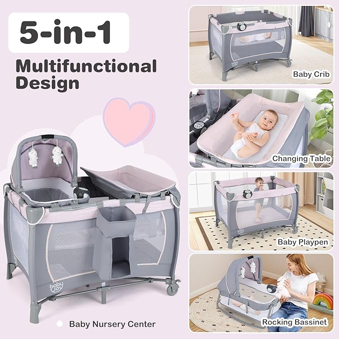 BABY JOY 5 in 1 Pack and Play, Portable Baby Playard w/Bassinet & Diaper Changing Table, Infant Pink Bassinet Crib with Toys & Music & Oxford Bag for Baby Girl Toddlers (Pink + Purple, Classic)