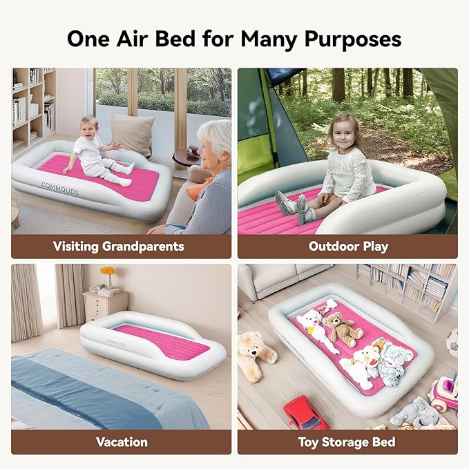 COMMOUDS Portable Toddler Travel Bed with Safety Bumpers, Inflatable Kids Air Mattress with Electric Pump, Baby Blow up Mattress, for Grandma's Home Camping Vacation