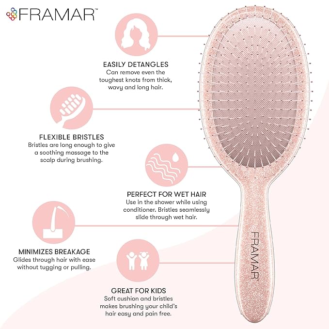FRAMAR Glitter Hair Brush Detangler, Detangling Hairbrush For Women, Wet Hair Brush For Girls, Hair Detangler Brush, Wet Hairbrush, Hairbrushes, Girls Hairbrush Detangler, Reduces Frizz – Rosé