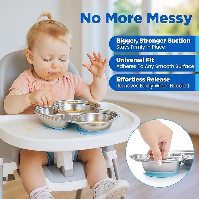 Stainless Steel Baby Suction Plates: Divided Plates Designed for Babies and Toddlers, Made of 100% Food-Grade Materials Ideal for Baby-Led Weaning BPA-Free Toddler Feeding Dishwasher Safe Blue
