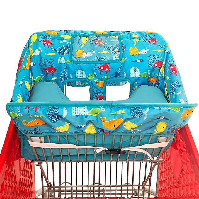 Soft Pillow Attached 2-in-1 Shopping Cart and High Chair Cover for Baby~Padded~Fold'n Roll Style~Portable with Free Carry Bag (Blue Seaworld)