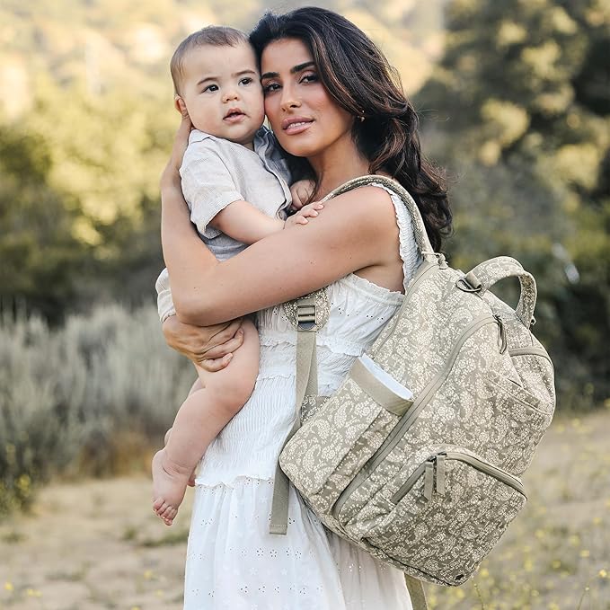 JuJuBe x Sazan Hendrix - New Classic Diaper Bag Backpack with Portable Changing Pad, Stroller Straps, Large Travel Backpack for carrying Baby Bottles, Wipes, Diapers, Pacifiers, Paisley Floral