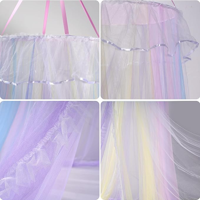 Rainbow Bed Canopy with Lights for Girls | Double Layer Mesh Netting Princess's Birthday Gift Ruffle Lace Decor for Room Bed Canopy Netting Mosquito Net | Home Decor for Twin/Full/Queen/King
