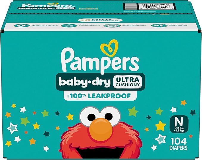 Pampers Diapers - Baby Dry - Size 0, 104 Count, Absorbent Disposable Newbort Diaper (Packaging May Vary)