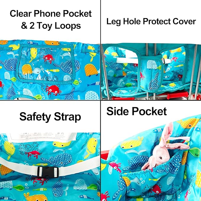 Soft Pillow Attached 2-in-1 Shopping Cart and High Chair Cover for Baby~Padded~Fold'n Roll Style~Portable with Free Carry Bag (Blue Seaworld)