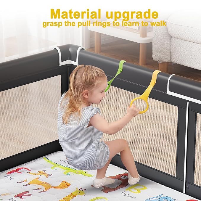 Premium Baby Playpen with Mat, 71x60 Inches Extra Large Playpen for Babies and Toddlers, Indoor & Outdoor Activity Center, Safety Baby Play Pen with Gate Prints Black