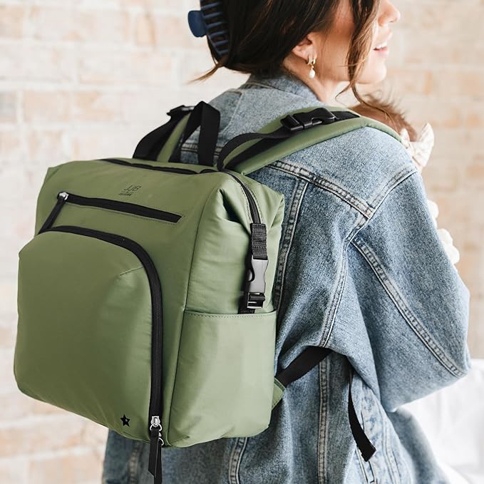 JJB by JuJuBe Modern Diaper Bag Backpack with Portable Changing Pad, Stroller Straps, Large Travel Backpack for Boy or Girl, Carrying Baby Bottles, Wipes, Diapers, Pacifiers, Olive, Mother's Day Gift