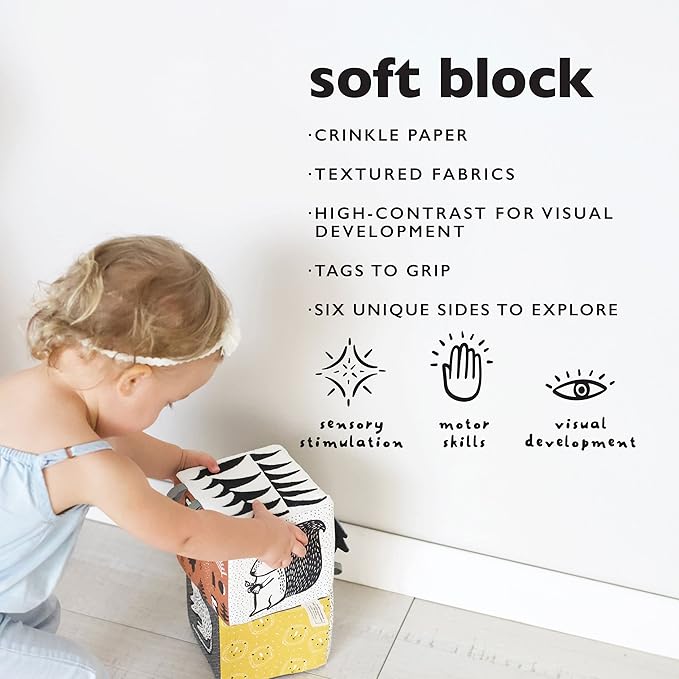 Wee Gallery Soft Block, Baby Sensory Toy with High-Contrast Graphics, Organic Soft Fabric Soft Blocks, Crinkle Flap and Textures, Tummy Time Activity for Babies and Toddlers - Jungle