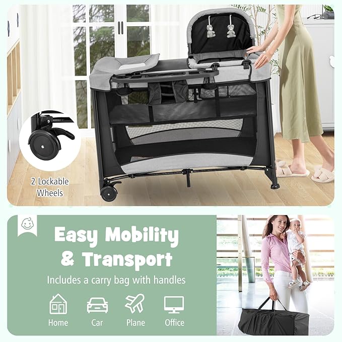 HONEY JOY Pack and Play with Bassinet, 5 in 1 Portable Baby Playard w/Changing Table, Removable Infant Full-Size Bassinet & Mattress, Diaper Storage Bag, Foldable Newborn Nursery Center w/Carry Bag