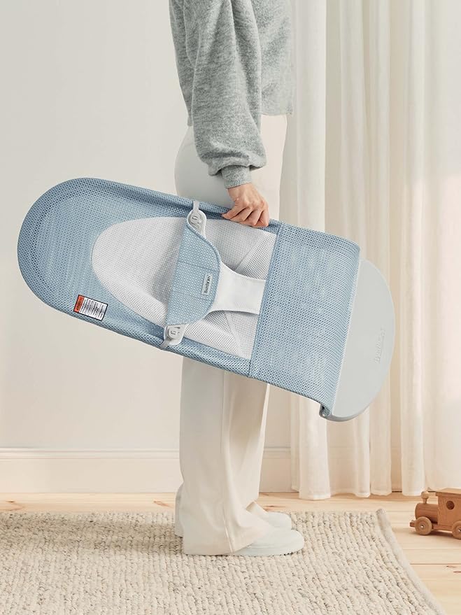 BabyBjörn Bouncer Balance Soft, Light Grey Frame, Mesh, Sky Blue/White, 2-in-1 Adjustable Baby Bouncer Seat and Toddler Chair, Newborn to Toddler (8-29 lbs), 4 Positions, Lightweight & Portable