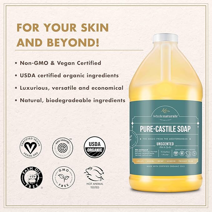Pure Castile Soap Liquid, EWG Verified & Certified Palm Oil Free Unscented, Natural, Mild & Gentle Non-gmo & Vegan - Organic Body Wash, Laundry, Pet/Dog and Baby Soap -Pack of 2 w/pump