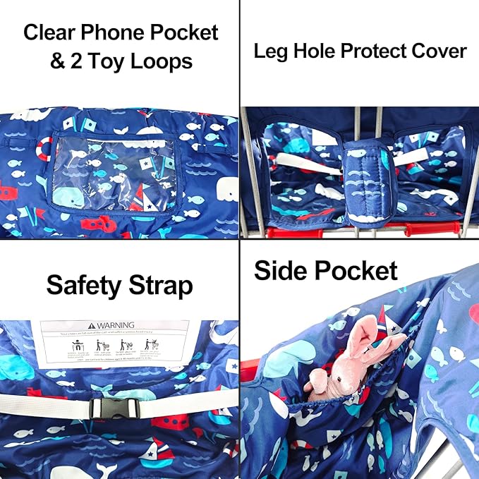 Soft Pillow Attached 2-in-1 Shopping Cart and High Chair Cover for Baby, Cotton Padded Cart Cover, Fold'n Roll Style, Portable with Carry Bag (Navy Blue Whale)