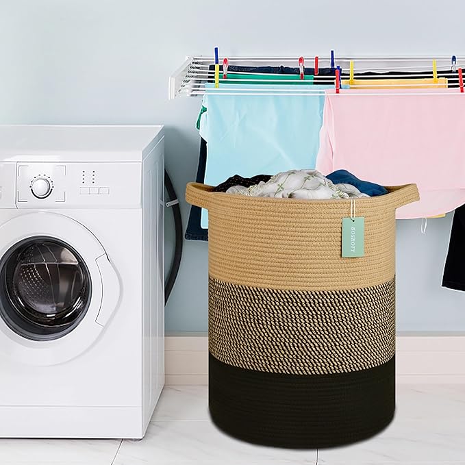 Large Blanket Basket, Nursery Hamper, Tall Laundry Basket 72L, Cotton Rope Woven Laundry Hamper for Storage Toys Clothes Towels, 16”x 22”, Brown & Black