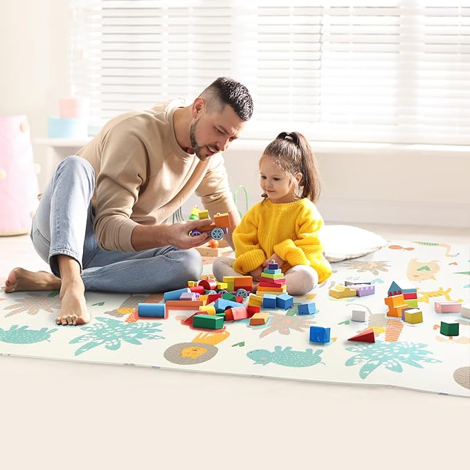 Bammax X-Large Waterproof Foam Padded Play Mat | Reversible & Foldable | 1 cm Safe Baby & Kids Play Mat | 70" x 78" | Dinosaurs & Safari Animals
