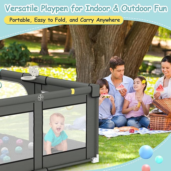 Tolead Foldable Playpen for Babies and Toddlers, 72" x 59" Extra Large Collapsible Play Pen with Basket, 4 Handlers & 50 Ocean Balls, Portable Travel Play Yard with Carry Bag, No Installation, Grey