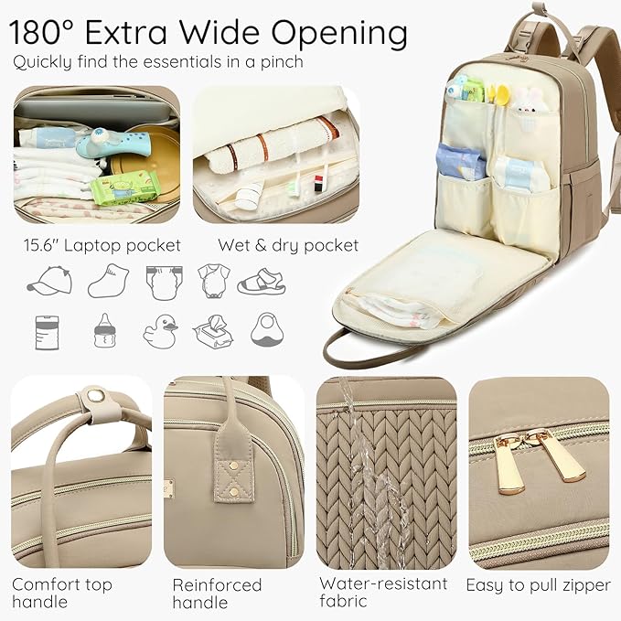 Diaper Bag Backpack - Large Multi functional, Boys, Girls & Baby Travel Essentials Tote with Changing Pad, Insulated Pockets, Stroller Straps, Waterproof - Diaper Bag for Mom & Maternity (Brown Taupe)