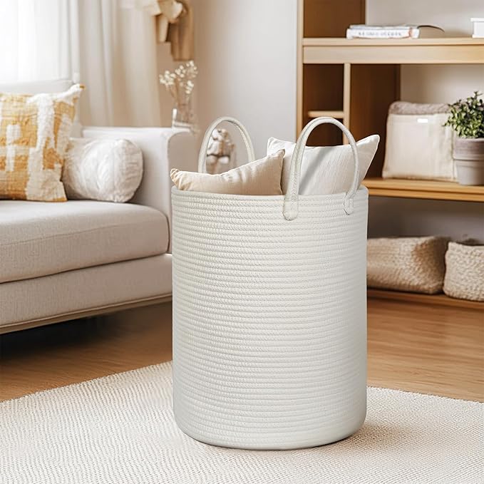 Large White Laundry Basket, 15"x18" Tall Blanket Storage Living Room, XL Cotton Rope Toy Bin for Organizing, Wicker Woven Baby Nursery Laundry Hamper with Handle, White Room Decor Aesthetic