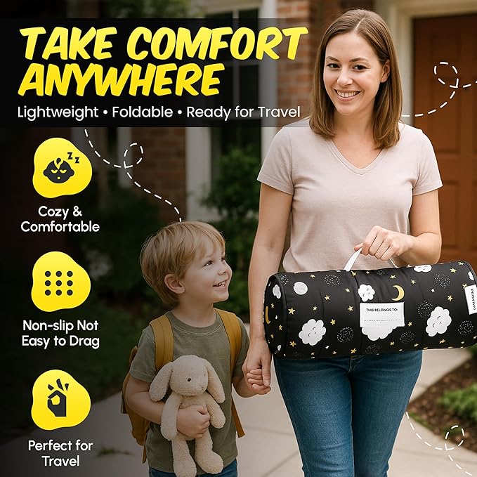 Roll Up Kids Nap mat with Fleece Ultra-Soft Minky Blanket and Pillow – Soft Toddlers Sleeping Mat with Dreamy Star-and-Cloud Design for Daycare, Preschool, Travel, Camping, Kindergarten