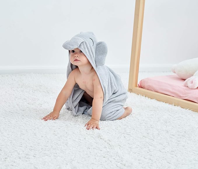 HIPHOP PANDA Hooded Towel - Rayon Made from Bamboo, Bath Towel with Bear Ears for Newborn, Babie, Toddler, Infant - Absorbent Large Baby Towel - Grey Elephant, 30 x 30 Inch