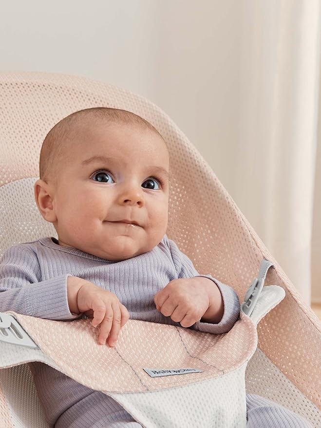 BabyBjörn Bouncer Balance Soft, Light Grey Frame, Mesh, Pearly Pink/White, 2-in-1 Adjustable Baby Bouncer Seat and Toddler Chair, Newborn to Toddler (8-29 lbs), 4 Positions, Lightweight & Portable